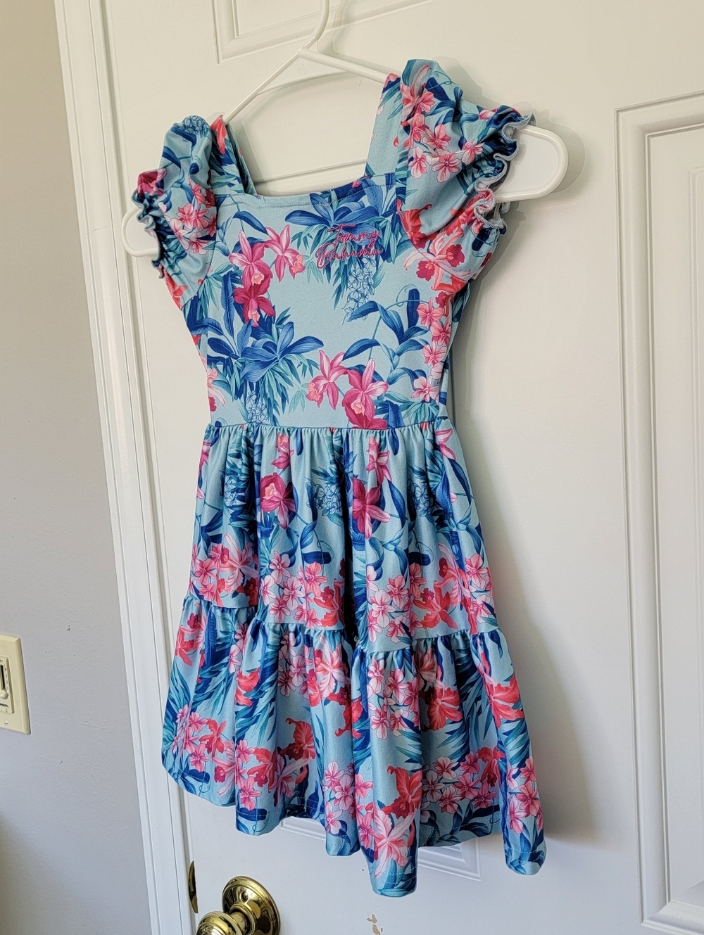 Tommy Bahama Blue Pink Tropical Sundress Tiered Ruffles Short Puff Sleeve 4T - Picture 3 of 10